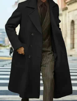 Men's Winter Coat Overcoat Long Trench Coat Outdoor Daily Wear Fall Winter Polyester Outerwear Clothing Apparel Fashion Streetwear Plain Lapel Double Breasted