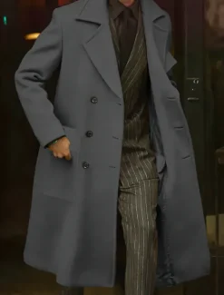 Men's Winter Coat Overcoat Long Trench Coat Outdoor Daily Wear Fall Winter Polyester Outerwear Clothing Apparel Fashion Streetwear Plain Lapel Double Breasted