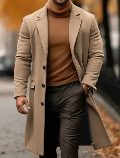 Men's Winter Coat Overcoat Trench Coat Outdoor Daily Wear Fall & Winter Polyester Warm Outerwear Clothing Apparel Fashion Streetwear Plain Pocket Turndown Single Breasted