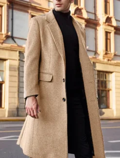 Men's Winter Coat Overcoat Work Business Fall & Winter Solid Colored Notch lapel collar Long Black Khaki Gray Jacket