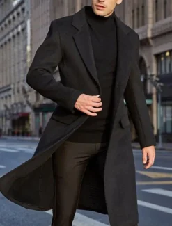 Men's Winter Coat Overcoat Work Business Fall & Winter Solid Colored Notch lapel collar Long Black Khaki Gray Jacket