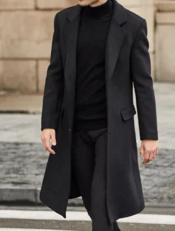 Men's Winter Coat Overcoat Work Business Fall & Winter Solid Colored Notch lapel collar Long Black Khaki Gray Jacket