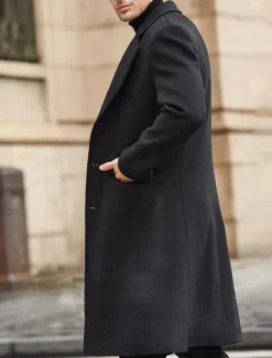 Men's Winter Coat Overcoat Work Business Fall & Winter Solid Colored Notch lapel collar Long Black Khaki Gray Jacket