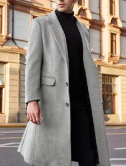 Men's Winter Coat Overcoat Work Business Fall & Winter Solid Colored Notch lapel collar Long Black Khaki Gray Jacket