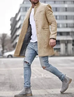 Men's Winter Coat Overcoat Trench Coat Short Coat Overcoat Work Business Winter Polyester Warm Outerwear Clothing Apparel Solid Colored Classic Style Notch lapel collar