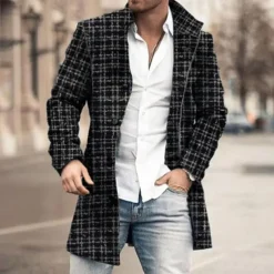 Men's Winter Coat Overcoat Trench Coat Outdoor Daily Wear Fall & Winter Polyester Outerwear Clothing Apparel Fashion Streetwear Geometric Lapel Single Breasted