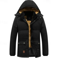 Men's Winter Coat Parka Pocket Polyster Fleece lined Vacation Daily Wear Date Regular Fashion Casual Comfortable Thermal Warm Fall & Winter Solid / Plain Color Black Puffer Jacket
