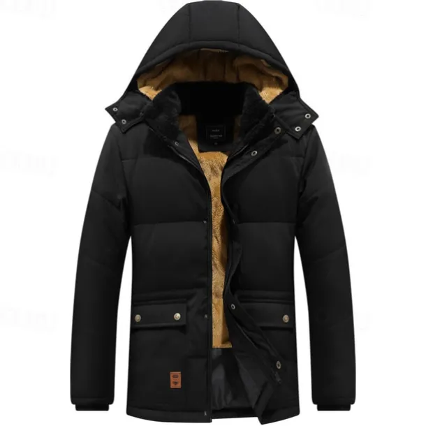 Men's Winter Coat Parka Pocket Polyster Fleece lined Vacation Daily Wear Date Regular Fashion Casual Comfortable Thermal Warm Fall & Winter Solid / Plain Color Black Puffer Jacket