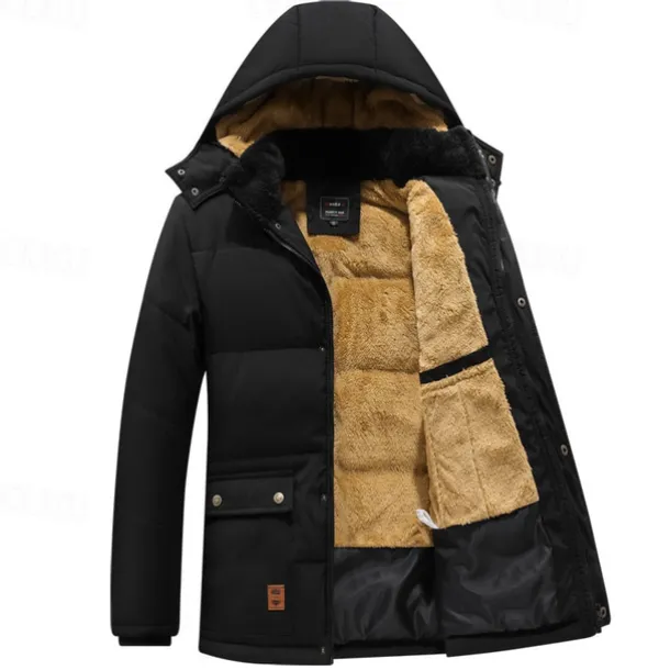 Men's Winter Coat Parka Pocket Polyster Fleece lined Vacation Daily Wear Date Regular Fashion Casual Comfortable Thermal Warm Fall & Winter Solid / Plain Color Black Puffer Jacket