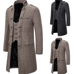 Men's Winter Coat Peacoat Coat Business Casual Winter Cotton Blend Warm Outerwear Clothing Apparel Stylish Classic & Timeless non-printing Solid Color Pocket Stand Collar Double Breasted