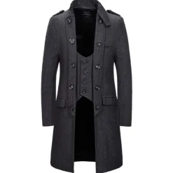 Men's Winter Coat Peacoat Coat Business Casual Winter Cotton Blend Warm Outerwear Clothing Apparel Stylish Classic & Timeless non-printing Solid Color Pocket Stand Collar Double Breasted