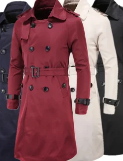 Men's Winter Coat Peacoat Trench Coat Street Business Fall Winter Polyester Thermal Warm Breathable Outerwear Clothing Apparel Casual Solid Color Pocket Turndown Double Breasted