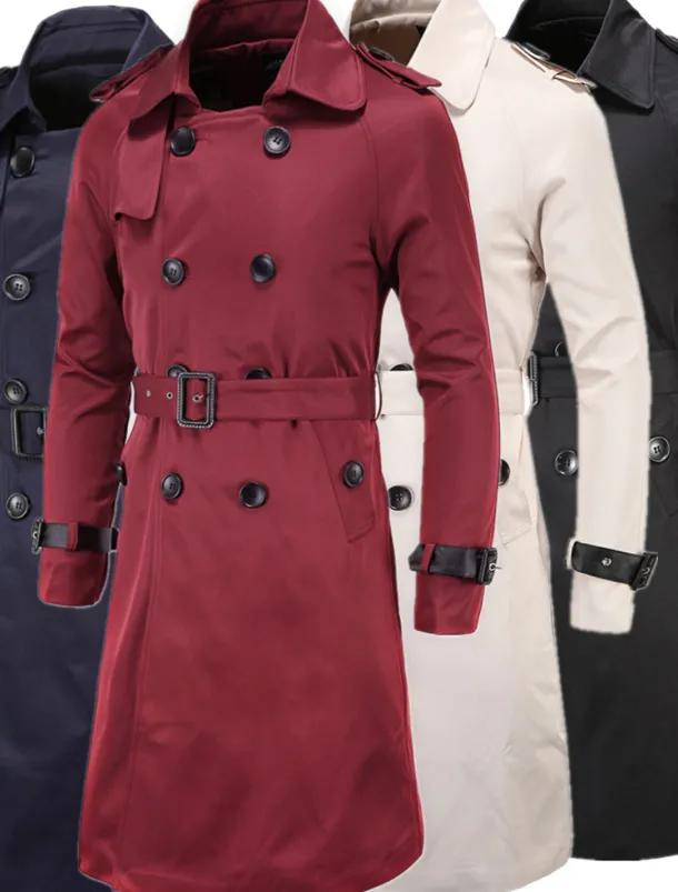 Men's Winter Coat Peacoat Trench Coat Street Business Fall Winter Polyester Thermal Warm Breathable Outerwear Clothing Apparel Casual Solid Color Pocket Turndown Double Breasted