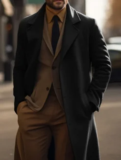 Men's Winter Coat Peacoat Trench Coat Long Trench Coat Outdoor Daily Wear Fall & Winter Polyester Thermal Warm Windproof Outerwear Clothing Apparel Fashion Streetwear Plain Pocket Lapel Single