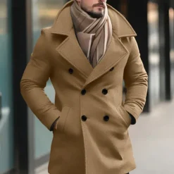 Men's Winter Coat Peacoat Trench Coat Outdoor Daily Wear Fall & Winter Polyester Thermal Warm Outerwear Clothing Apparel Fashion Streetwear Plain Pocket Lapel Double Breasted