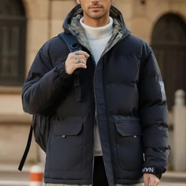 Men's Winter Coat Puffer Jacket Quilted Jacket Padded Hooded Leisure Sports Going out Windproof Fall & Winter Solid / Plain Color Black Blue Khaki Puffer Jacket
