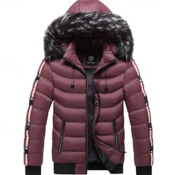 Men's Winter Coat Puffer Jacket Padded Pocket Detachable Hood Polyster Vacation Daily Wear Date Regular Fashion Casual Comfortable Thermal Warm Fall & Winter Color Block Wine Black Yellow Dark Green