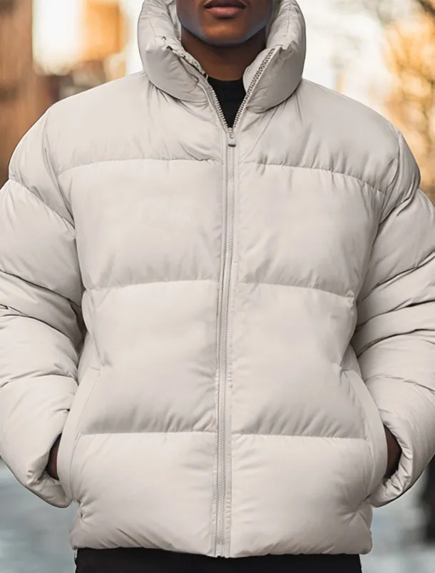 Men's Winter Coat Puffer Jacket Pocket Polyster Top Christmas Office / Career Street Regular Sports Streetwear Cool Fall Winter Plain Black White Pink Blue Puffer Jacket