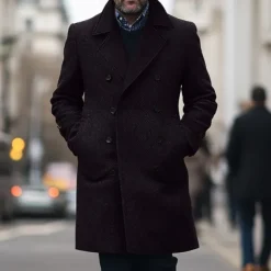 Men's Winter Coat Trench Coat Formal Wedding Warm Pocket Winter Solid Color Christmas Elegant Peaked Lapel Regular Black Khaki Gray Jacket