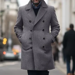 Men's Winter Coat Trench Coat Formal Wedding Warm Pocket Winter Solid Color Christmas Elegant Peaked Lapel Regular Black Khaki Gray Jacket