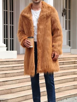 Men's Winter Coat Winter Jacket Fur Coat Daily Wear Vacation Soft Outdoor Pocket Winter Pure Color Warm Ups Comfort Lapel Black White Brown Light Grey Dark Coffee Jacket