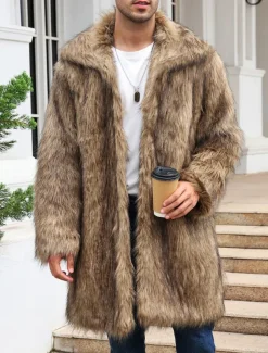 Men's Winter Coat Winter Jacket Fur Coat Daily Wear Vacation Soft Outdoor Pocket Winter Pure Color Warm Ups Comfort Lapel Black White Brown Light Grey Dark Coffee Jacket