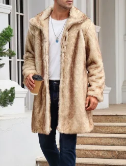 Men's Winter Coat Winter Jacket Fur Coat Daily Wear Vacation Soft Outdoor Pocket Winter Pure Color Warm Ups Comfort Lapel Black White Brown Light Grey Dark Coffee Jacket