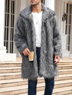 Men's Winter Coat Winter Jacket Fur Coat Daily Wear Vacation Soft Outdoor Pocket Winter Pure Color Warm Ups Comfort Lapel Black White Brown Light Grey Dark Coffee Jacket