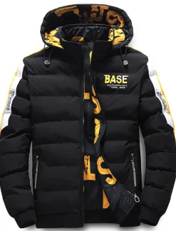 Men's Winter Coat Winter Jacket Puffer Jacket Quilted Jacket Pocket Full Zip Print Outdoor Street Daily Regular Sporty Casual Warm Breathable Fall Winter Letter Black Yellow Red Khaki Puffer Jacket