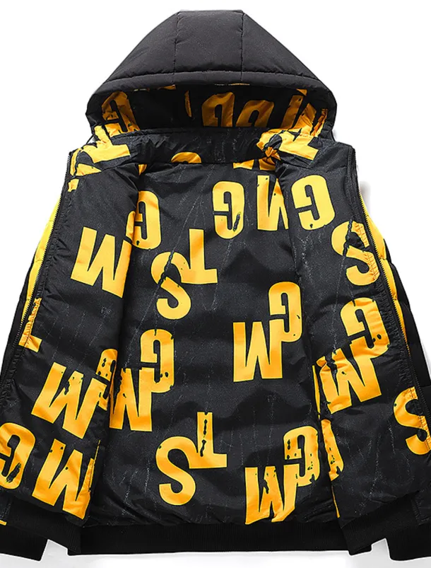 Men's Winter Coat Winter Jacket Puffer Jacket Quilted Jacket Pocket Full Zip Print Outdoor Street Daily Regular Sporty Casual Warm Breathable Fall Winter Letter Black Yellow Red Khaki Puffer Jacket