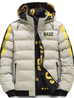 Men's Winter Coat Winter Jacket Puffer Jacket Quilted Jacket Pocket Full Zip Print Outdoor Street Daily Regular Sporty Casual Warm Breathable Fall Winter Letter Black Yellow Red Khaki Puffer Jacket
