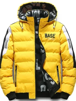 Men's Winter Coat Winter Jacket Puffer Jacket Quilted Jacket Pocket Full Zip Print Outdoor Street Daily Regular Sporty Casual Warm Breathable Fall Winter Letter Black Yellow Red Khaki Puffer Jacket