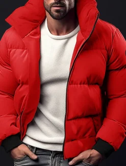 Men's Winter Coat Winter Jacket Puffer Jacket Zipper Pocket Polyster Pocket Office & Career Date Casual Daily Regular Keep Warm Thermal Warm Windproof Outdoor Winter Solid / Plain Color Black Red