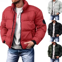 Men's Winter Coat Winter Jacket Puffer Jacket Cardigan Pocket Zipper Pocket Going out Casual Daily Hiking Windproof Warm Winter Pure Color Black Red Light Grey Army Green Puffer Jacket
