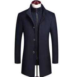 Men's Winter Coat Wool Coat Overcoat Street Business Winter Woolen Thermal Warm Outerwear Clothing Apparel Casual Solid Color Pocket Stand Collar Single Breasted