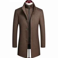 Men's Winter Coat Wool Coat Overcoat Street Business Winter Woolen Thermal Warm Outerwear Clothing Apparel Casual Solid Color Pocket Stand Collar Single Breasted