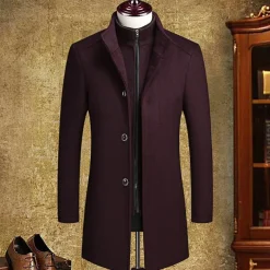 Men's Winter Coat Wool Coat Overcoat Street Business Winter Woolen Thermal Warm Outerwear Clothing Apparel Casual Solid Color Pocket Stand Collar Single Breasted