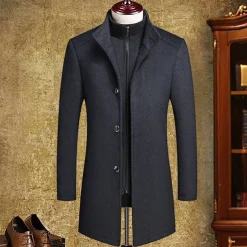 Men's Winter Coat Wool Coat Overcoat Street Business Winter Woolen Thermal Warm Outerwear Clothing Apparel Casual Solid Color Pocket Stand Collar Single Breasted