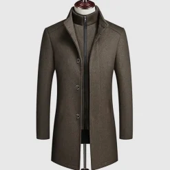 Men's Winter Coat Wool Coat Overcoat Street Business Winter Woolen Thermal Warm Outerwear Clothing Apparel Casual Solid Color Pocket Stand Collar Single Breasted
