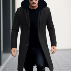 Men's Winter Coat Wool Coat Overcoat Trench Coat Outdoor Daily Wear Fall & Winter Polyester Windbreaker Outerwear Clothing Apparel Fashion Streetwear Plain Hooded Single Breasted One-button
