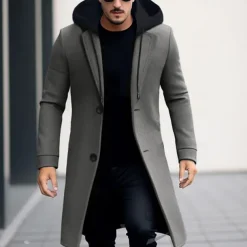 Men's Winter Coat Wool Coat Overcoat Trench Coat Outdoor Daily Wear Fall & Winter Polyester Windbreaker Outerwear Clothing Apparel Fashion Streetwear Plain Hooded Single Breasted One-button