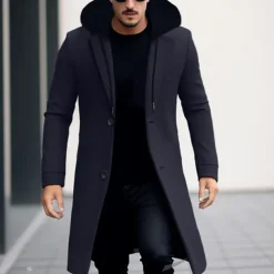 Men's Winter Coat Wool Coat Overcoat Trench Coat Outdoor Daily Wear Fall & Winter Polyester Windbreaker Outerwear Clothing Apparel Fashion Streetwear Plain Hooded Single Breasted One-button
