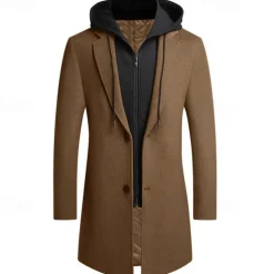 Men's Winter Coat Wool Coat Overcoat Trench Coat Outdoor Daily Wear Fall & Winter Polyester Windbreaker Outerwear Clothing Apparel Fashion Streetwear Plain Hooded Single Breasted One-button