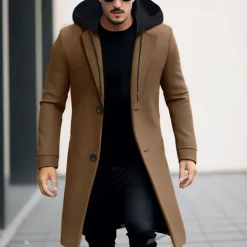 Men's Winter Coat Wool Coat Overcoat Trench Coat Outdoor Daily Wear Fall & Winter Polyester Windbreaker Outerwear Clothing Apparel Fashion Streetwear Plain Hooded Single Breasted One-button