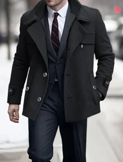Men's Winter Coat Wool Coat Trench Coat Outdoor Daily Wear Fall & Winter Woolen Thermal Warm Windbreaker Outerwear Clothing Apparel Fashion Streetwear Plain Pocket Lapel Single Breasted