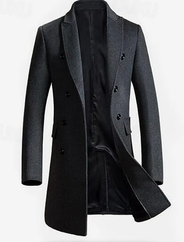 Men's Winter Coat Wool Coat Overcoat Work Street Winter Wool Windproof Warm Outerwear Clothing Apparel Solid Colored Notch lapel collar