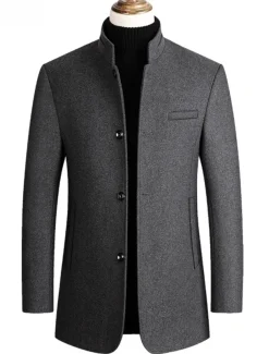 Men's Winter Coat Wool Coat Overcoat Blazer Short Coat Office Work Fall & Winter Wool Windproof Warm Outerwear Clothing Apparel Basic Chic & Modern Solid Colored Stand Collar