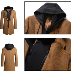 Men's Winter Coat Wool Coat Overcoat Daily Wear Going out Winter Wool Thermal Warm Washable Outerwear Clothing Apparel Fashion Warm Ups Solid Colored Detachable Hood Hooded Single Breasted