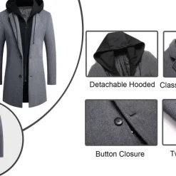 Men's Winter Coat Wool Coat Overcoat Daily Wear Going out Winter Wool Thermal Warm Washable Outerwear Clothing Apparel Fashion Warm Ups Solid Colored Detachable Hood Hooded Single Breasted
