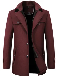 Men's Winter Coat Wool Coat Overcoat Business WorkWear Winter Wool Windproof Warm Outerwear Clothing Apparel Basic Essential Solid Colored Turndown